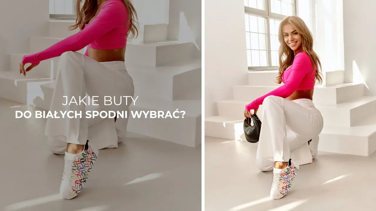Kobieta w białych spodniach i różowym topie prezentuje białe sneakersy z kolorowymi serduszkami. Idealne pytanie: jakie buty do białych spodni damskich wybrać?