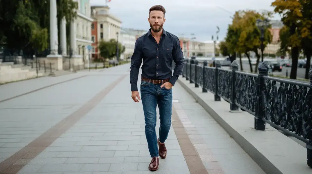 Mężczyzna w granatowej koszuli i jeansach, prezentujący stylowe koszula jeansowa męska stylizacje, idzie ulicą.