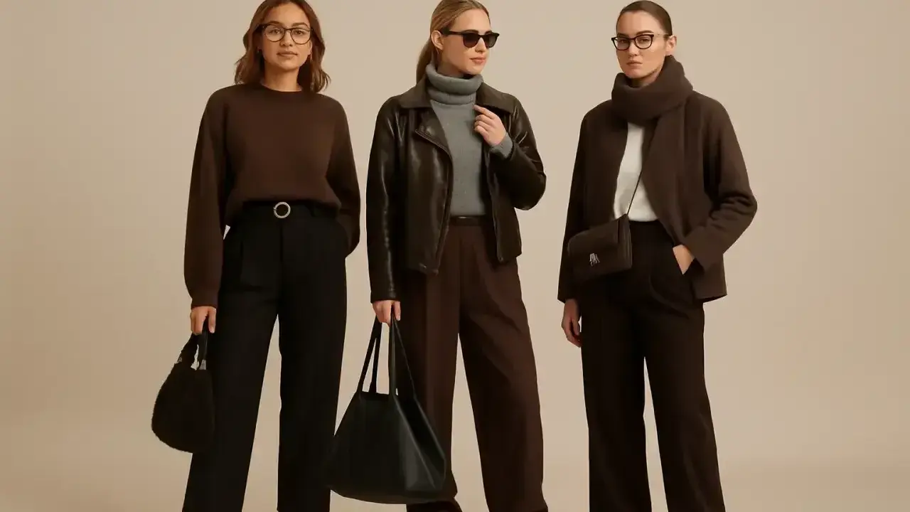 Trzy kobiety prezentują stylizacje. Jedna ma czarne spodnie i brązową bluzę. To świetna inspiracja, jakie spodnie do czarnej bluzy pasują.