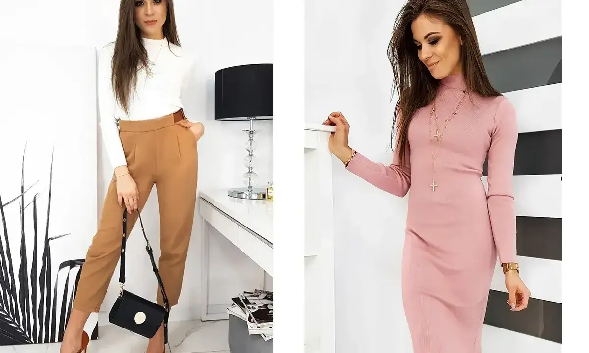 Eleganckie spodnie dla klepsydry w karmelowym kolorze, idealnie podkreślające sylwetkę. Obok różowa sukienka.