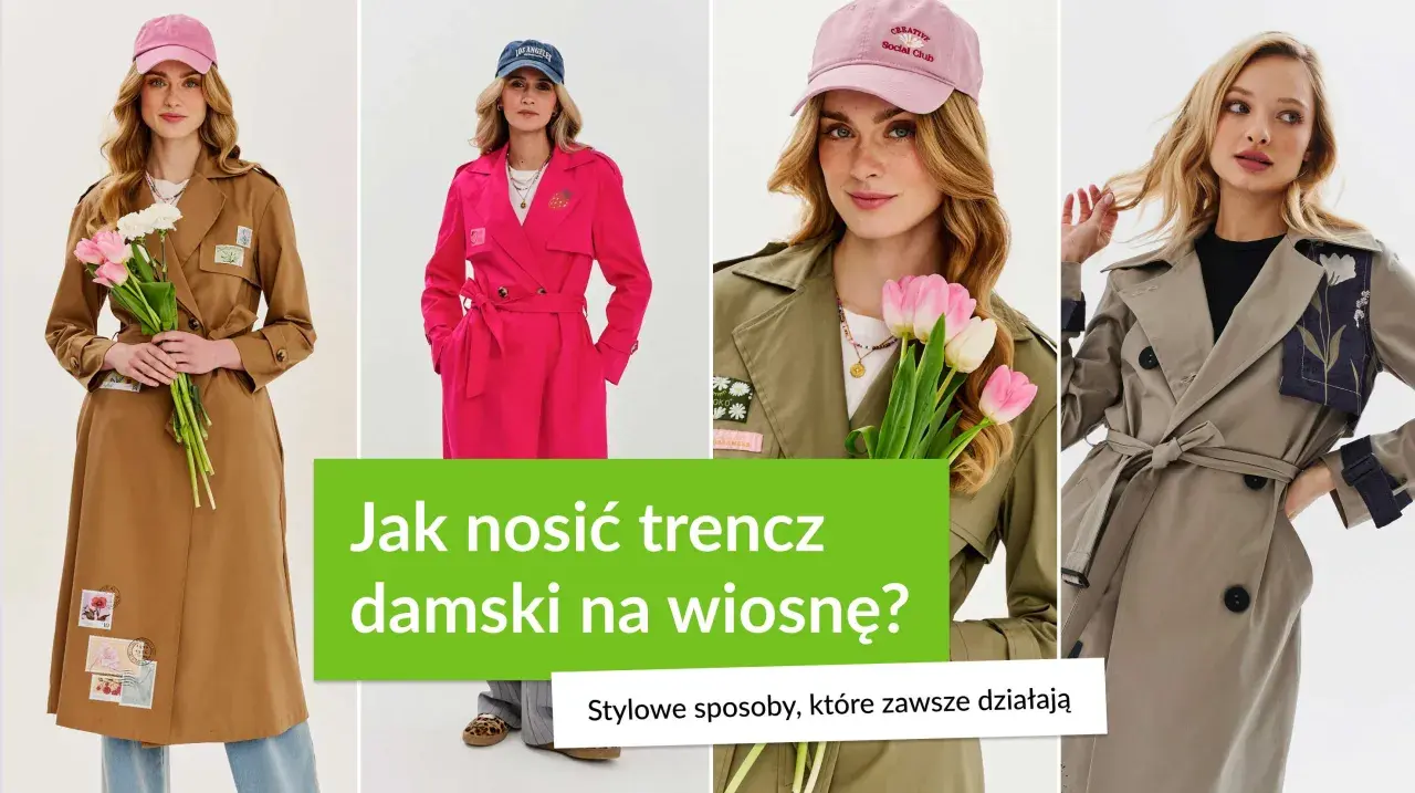 Kobiety w trenczach i czapkach z daszkiem, z kwiatami w dłoniach. Inspiracje na modę na wiosnę.