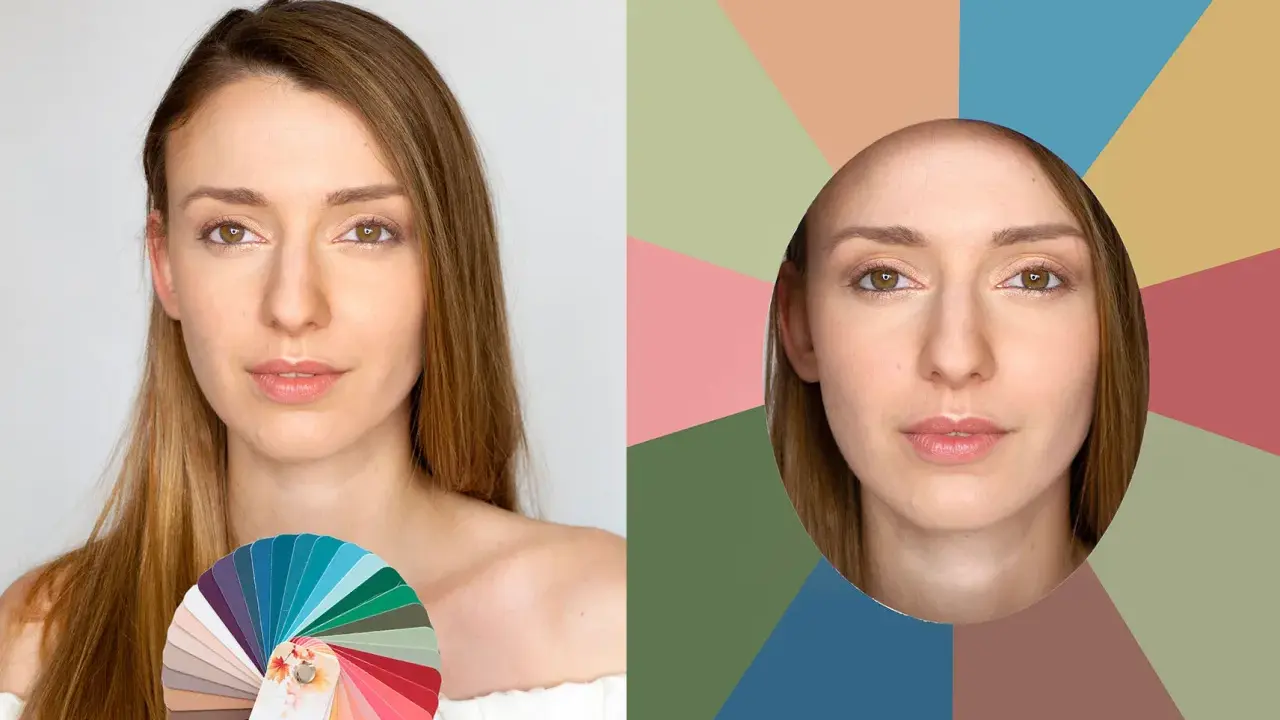 Kobieta z paletą barw, która pokazuje, jakie 3 kolory do siebie pasują, obok jej twarzy na tle geometrycznych kształtów.