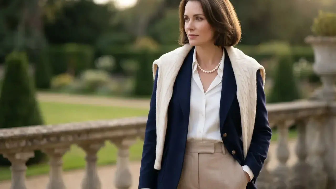 Elegancka kobieta w stylu old money fashion, w granatowej marynarce i beżowych spodniach, z perłowym naszyjnikiem, na tle ogrodu.
