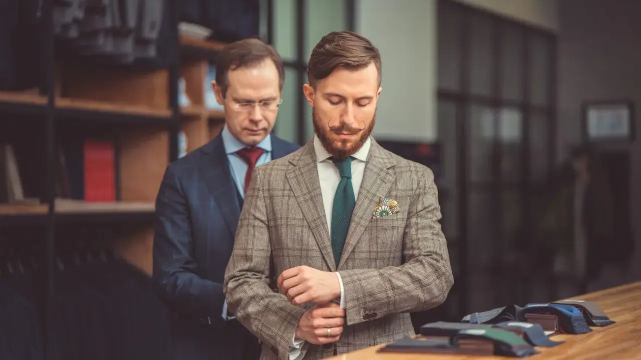 Mężczyzna w garniturze Hugo Boss poprawia mankiet w butiku. Różnica między Hugo a Hugo Boss jest subtelna, ale widoczna w jakości.