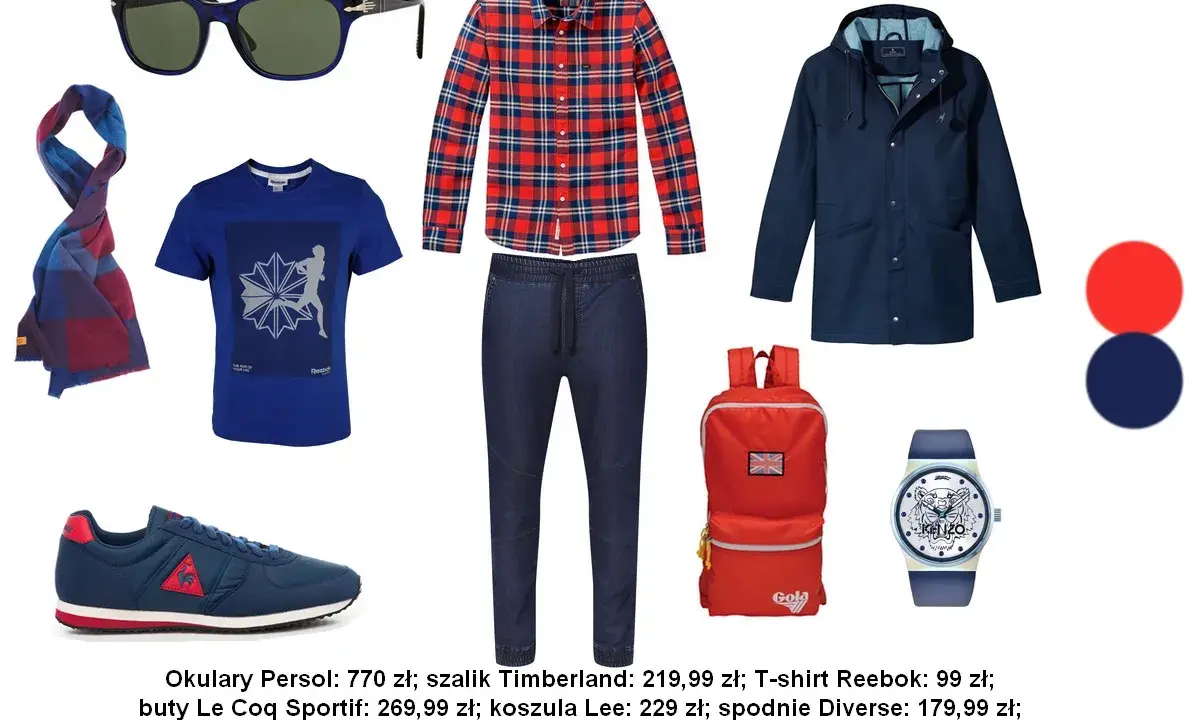 Inspiracja na męską stylizację: granatowa kurtka, czerwono-niebieska koszula w kratę, jeansy, niebieski t-shirt, szalik, buty i plecak. Jak dobierać kolory ubrań męskich?