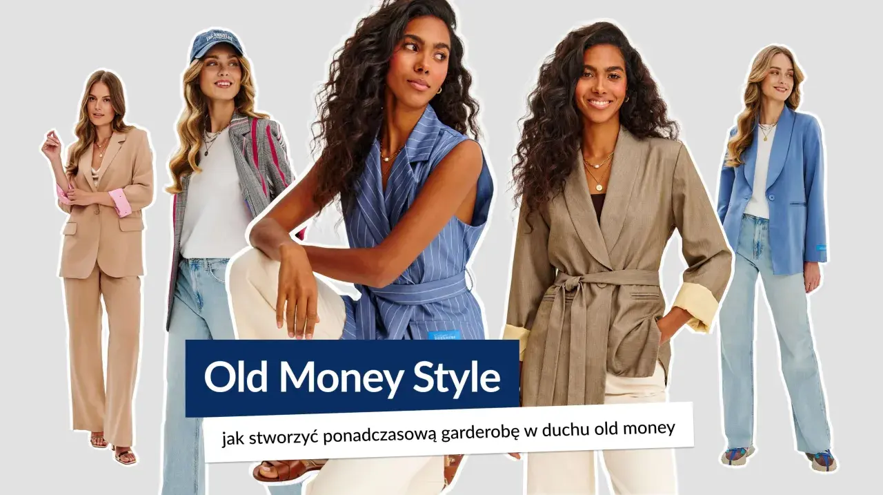 Pięć kobiet prezentuje eleganckie stylizacje w stylu old money: garnitury, marynarki i spodnie w stonowanych kolorach.