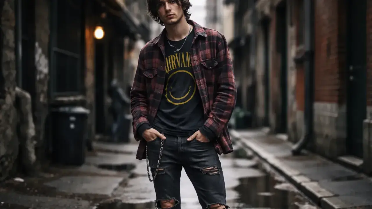 Młody mężczyzna w koszulce Nirvana i podartych jeansach, w flanelowej koszuli, prezentuje styl grunge męski na ulicy.