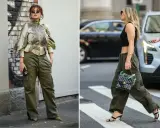 Dwie kobiety w spodniach bojówkach. Jedna w bluzce z wzorem, druga w czarnym topie. Kolor khaki i oliwkowy dominują w stylizacjach.