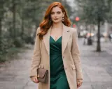 Elegancka kobieta w beżowym płaszczu i szmaragdowej sukience. Kolor oliwkowy z jakim kolorem pasuje? Z beżowym, tworząc stylowy kontrast.