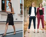Eleganckie stylizacje na imprezę firmową w klubie: czarna spódnica z zamkiem i szpilki lub garnitur w granacie lub bordo.