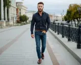 Mężczyzna w granatowej koszuli i jeansach, prezentujący stylowe koszula jeansowa męska stylizacje, idzie ulicą.