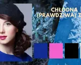 Chłodna zima kolory: kobieta w czarnym beretce i niebieskiej sukience, płatki śniegu, paleta barw: niebieski, różowy, czarny, biały.