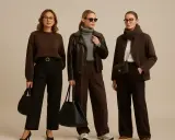 Trzy kobiety prezentują stylizacje. Jedna ma czarne spodnie i brązową bluzę. To świetna inspiracja, jakie spodnie do czarnej bluzy pasują.