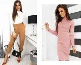 Eleganckie spodnie dla klepsydry w karmelowym kolorze, idealnie podkreślające sylwetkę. Obok różowa sukienka.