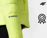 Jaskrawożółta kurtka z logo Primaloft i symbolem jakości od firmy 4f.