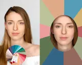 Kobieta z paletą barw, która pokazuje, jakie 3 kolory do siebie pasują, obok jej twarzy na tle geometrycznych kształtów.