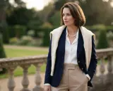 Elegancka kobieta w stylu old money fashion, w granatowej marynarce i beżowych spodniach, z perłowym naszyjnikiem, na tle ogrodu.