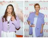 Dwie kobiety w marynarkach w odcieniu **kolor lawendowy**. Jedna młoda, druga dojrzała, obie prezentują elegancki styl.