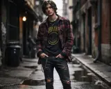 Młody mężczyzna w koszulce Nirvana i podartych jeansach, w flanelowej koszuli, prezentuje styl grunge męski na ulicy.