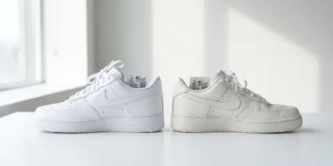 Dwa białe buty Nike Air Force 1, jeden świeży, drugi lekko zużyty. Nike to amerykańska marka.