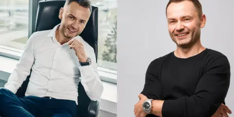 Dwa portrety Igora Klaja 4f. Na pierwszym siedzi w fotelu w białej koszuli, na drugim stoi w czarnej bluzie.