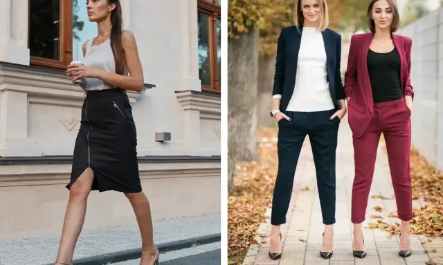 Kobiety w eleganckich stylizacjach, jedna w czarnej spódnicy i topie, druga w granatowym i bordowym garniturze. Casualowy styl na co dzień.