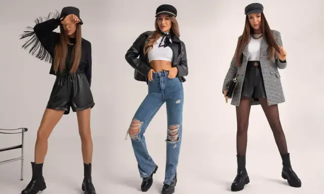 Trzy kobiety w stylizacjach grunge: skórzane szorty, podarte jeansy, ramoneska, marynarka w kratę, czapki i ciężkie buty.