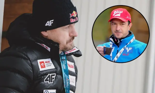 Adam Małysz w kurtce 4F i czapce z logo Red Bulla. W okręgu widać trenera Stefana Horngachera.