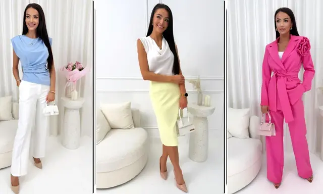 Eleganckie stylizacje na moda wiosna 2026: błękitny top z białymi spodniami, biała bluzka z żółtą spódnicą, różowy garnitur.