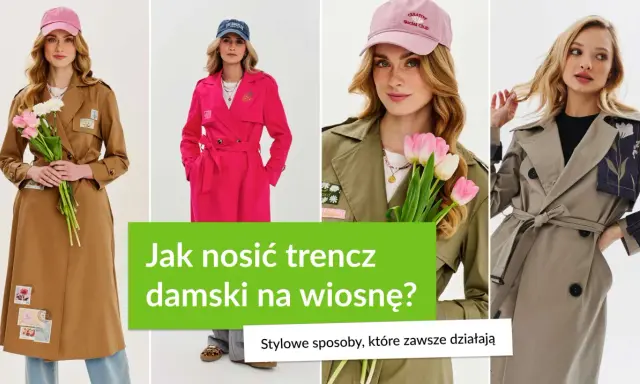 Kobiety w trenczach i czapkach z daszkiem, z kwiatami w dłoniach. Inspiracje na modę na wiosnę.