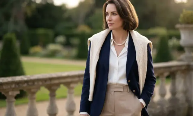 Elegancka kobieta w stylu old money fashion, w granatowej marynarce i beżowych spodniach, z perłowym naszyjnikiem, na tle ogrodu.