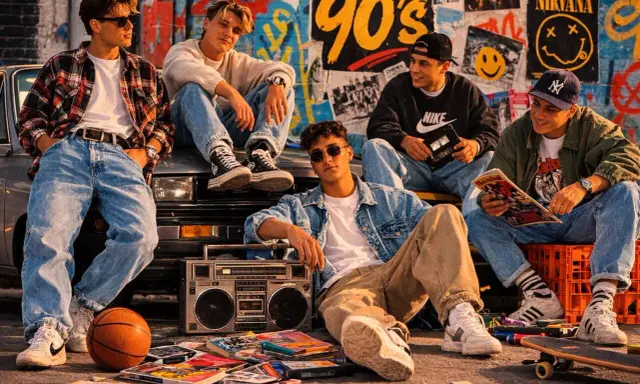 Chłopcy w luźnych jeansach i flanelowych koszulach, uosabiający modę męską lat 90. z boomboxem i kasetami.