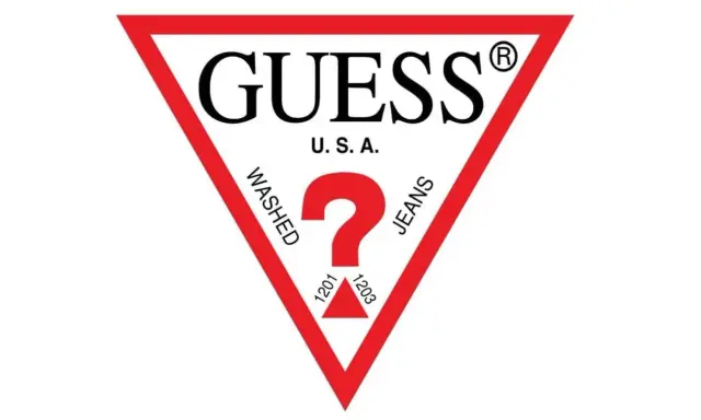Logo Guess, marka premium, z charakterystycznym czerwonym trójkątem i znakiem zapytania.