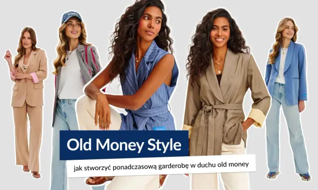 Pięć kobiet prezentuje eleganckie stylizacje w stylu old money: garnitury, marynarki i spodnie w stonowanych kolorach.