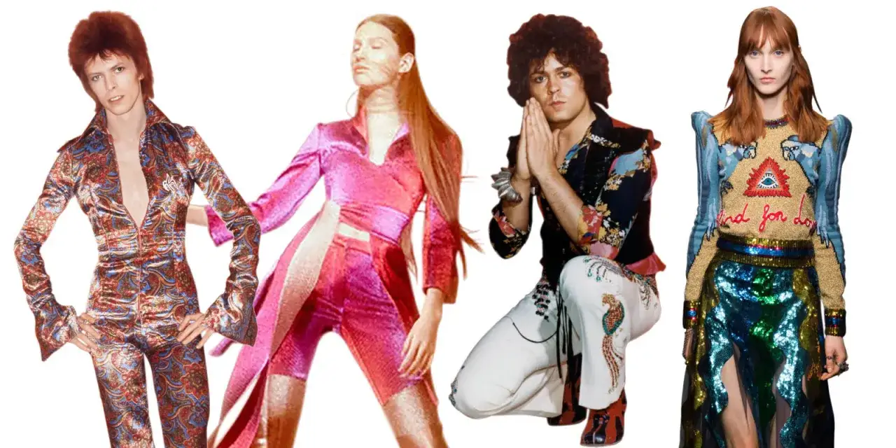 Ikony glam rock stylu: David Bowie w błyszczącym kombinezonie, modelka w różowym stroju, muzyk w kwiecistej marynarce i modelka w cekinowej spódnicy.