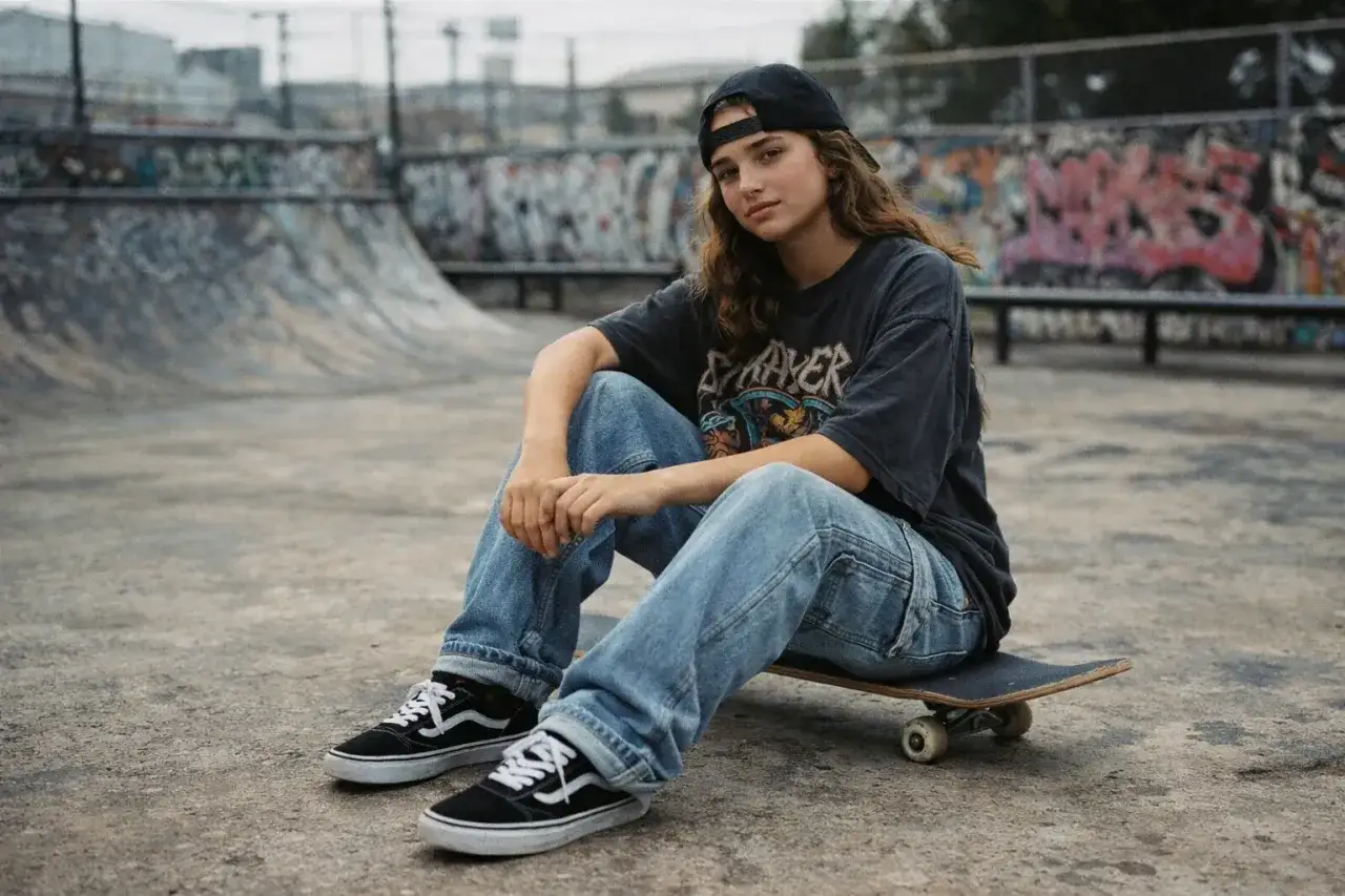 Dziewczyna w czapce i luźnych jeansach, z deskorolką pod nogami, emanuje luzem w stylu skate girl.