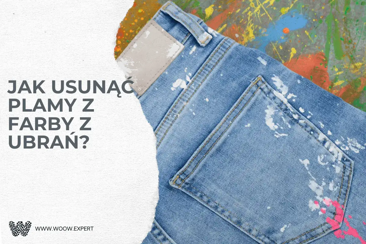 Jak usunąć plamy z farby olejnej z ubrania? Dżinsy w plamach farby, obok kolorowego tła.