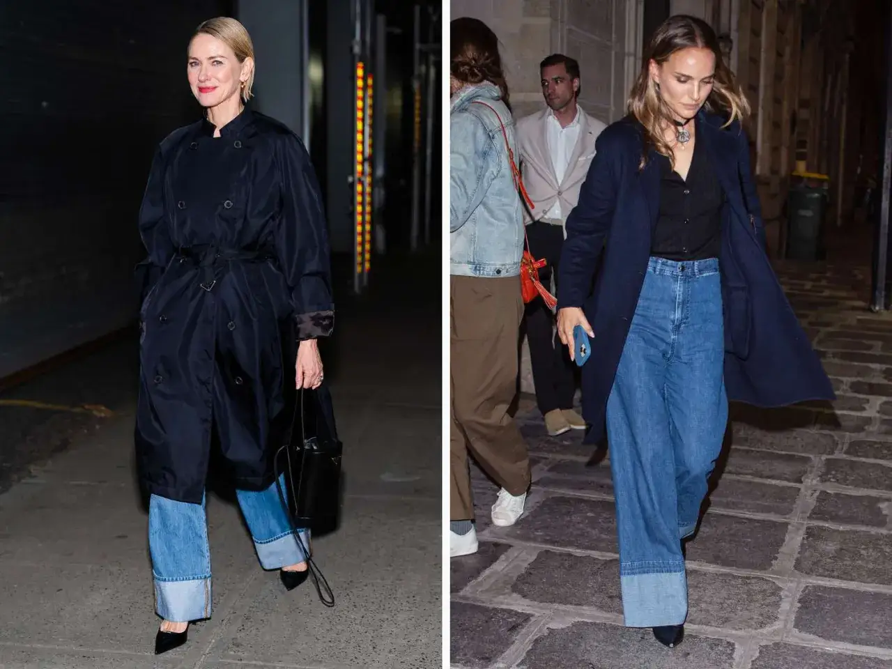 Naomi Watts i Natalie Portman pokazują, jak podwijać nogawki w jeansach, tworząc modny look. Szerokie mankiety dodają stylu.