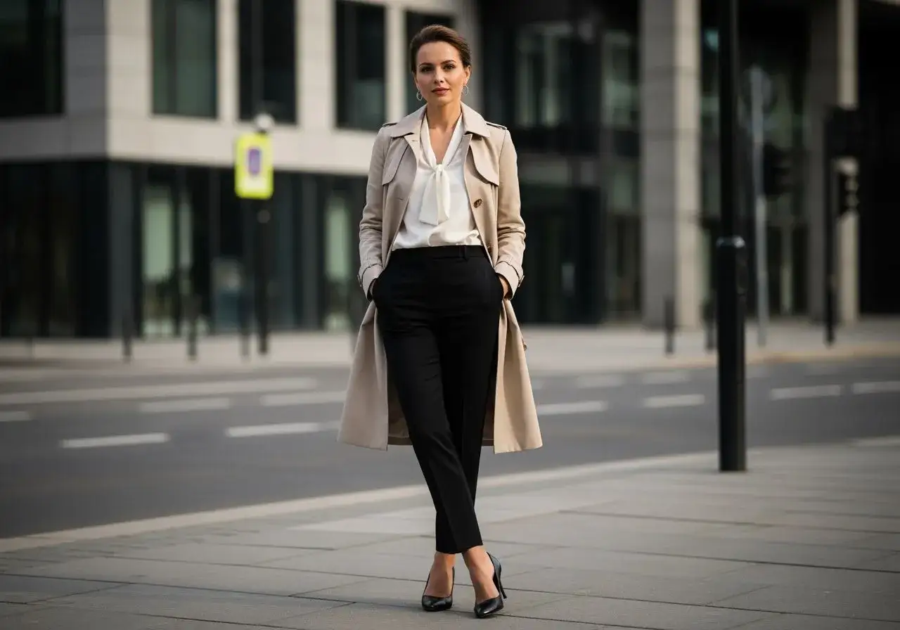Elegancka kobieta w beżowym płaszczu i czarnych spodniach, uosobienie stylu old money.