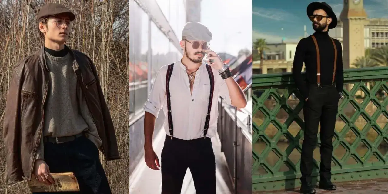 Trzech mężczyzn w stylu pin-up: jeden w skórzanej kurtce i kaszkiecie, drugi w białej koszuli i szelkach, trzeci w golfie, spodniach i szelkach.