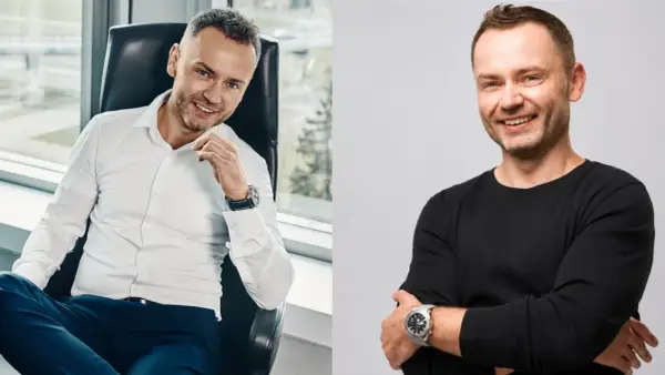 Dwa portrety Igora Klaja 4f. Na pierwszym siedzi w fotelu w białej koszuli, na drugim stoi w czarnej bluzie.