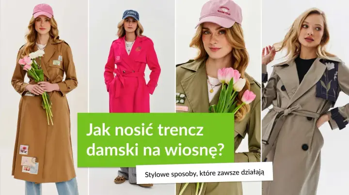 Kobiety w trenczach i czapkach z daszkiem, z kwiatami w dłoniach. Inspiracje na modę na wiosnę.