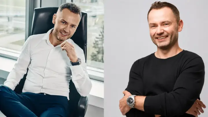 Dwa portrety Igora Klaja 4f. Na pierwszym siedzi w fotelu w białej koszuli, na drugim stoi w czarnej bluzie.
