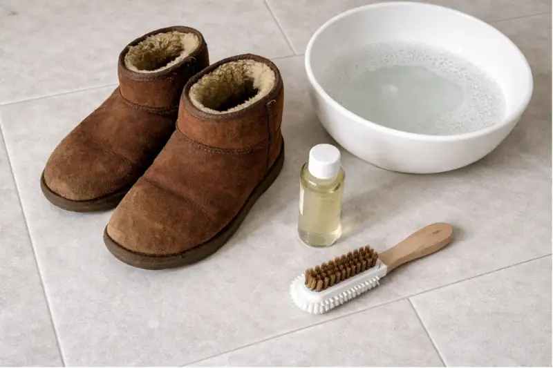 Brązowe buty UGG, miska z wodą, buteleczka z płynem i szczotka do czyszczenia. Dowiedz się, jak czyścić UGG.